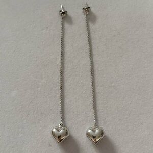 925 Sterling Silver Dangly Dainty Chain with Puffy Heart Charm Earrings